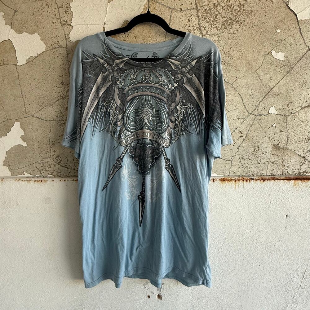 Y2K Ring of Fire‎ T Shirt Biker Gothic Wing Soft Graphic Tee Light Blue Mens XL